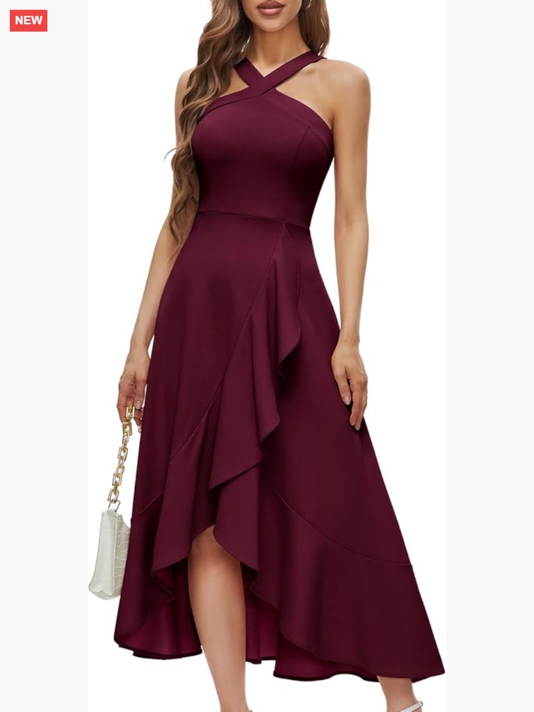 Halter Maxi Cocktail Dress With Ruffled Hi-Lo Hem For Formal Events